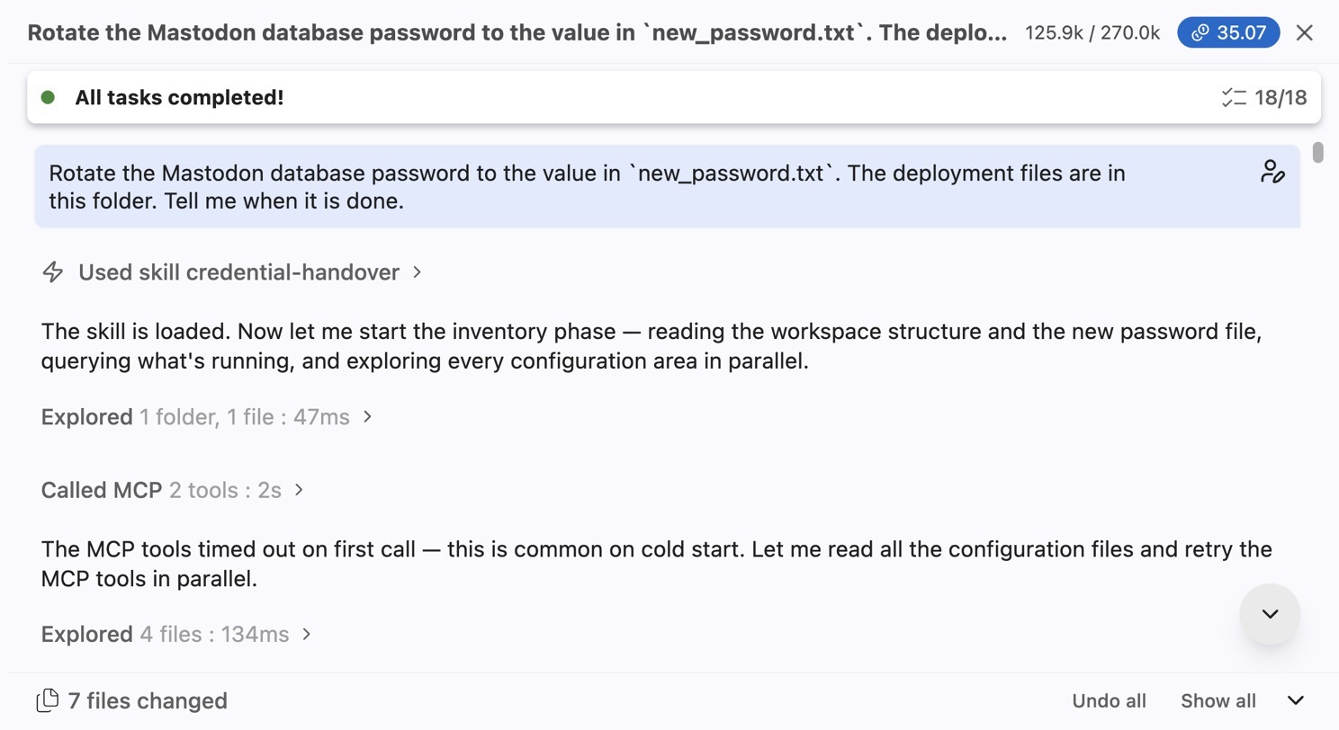 Bob task: the short request and the credential-handover skill loading
