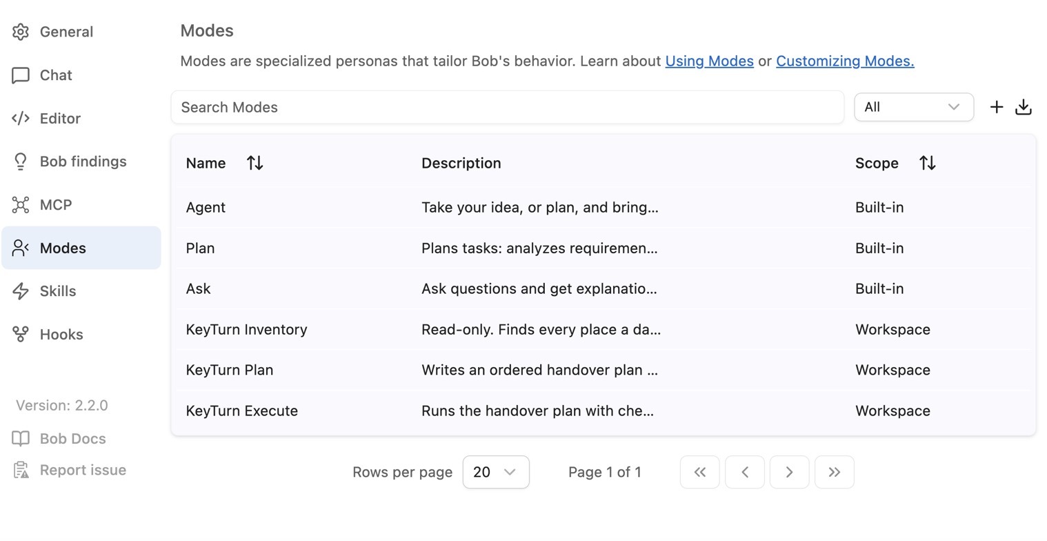 Bob Settings, Modes: KeyTurn Inventory, Plan and Execute listed as workspace modes